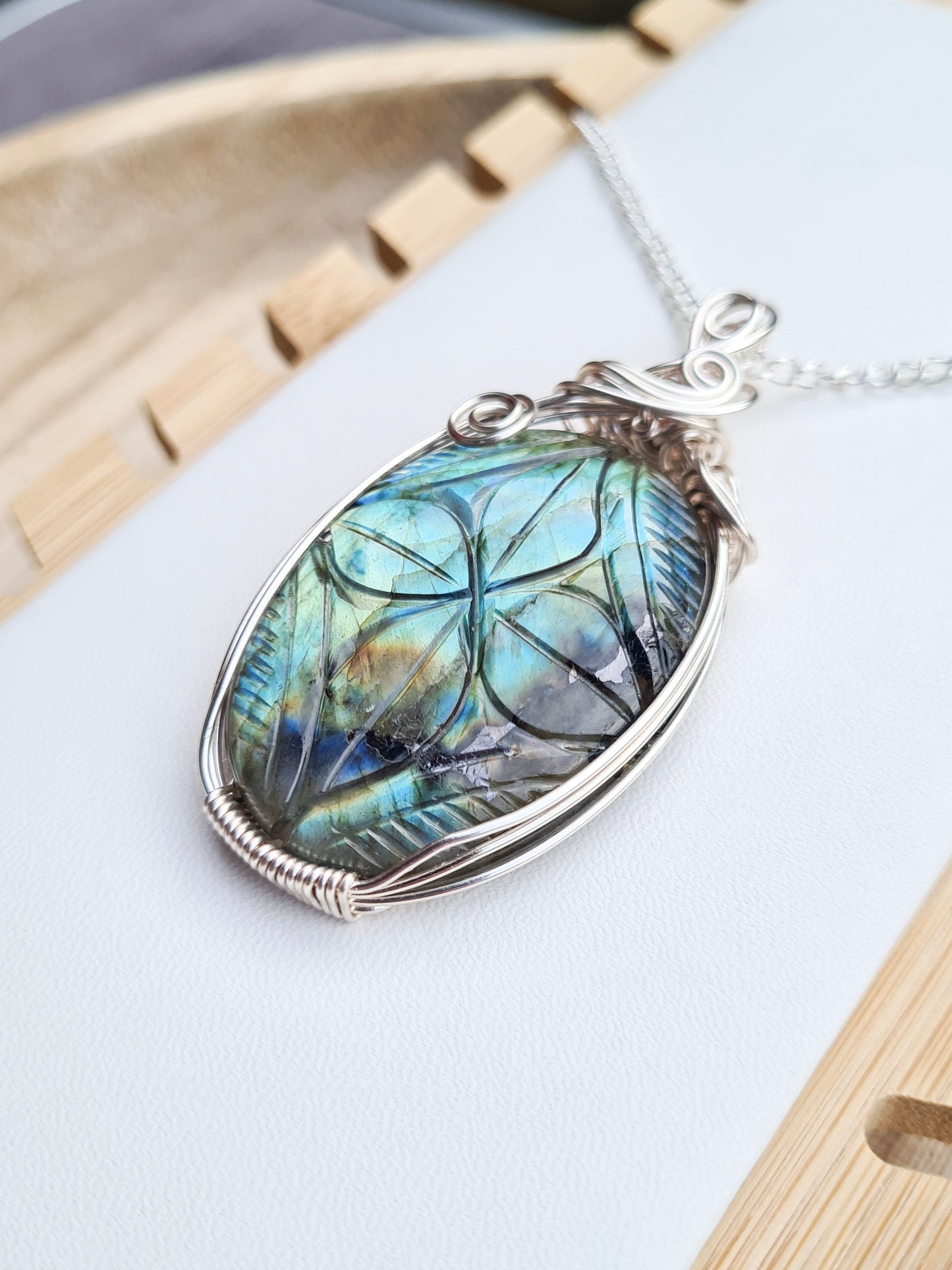 Carved Labradorite Pendant In Silver