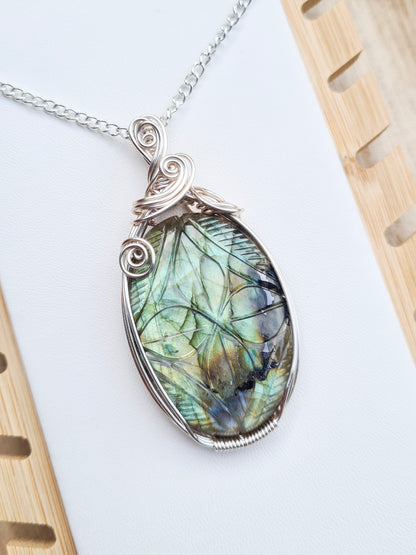 Carved Labradorite Pendant In Silver