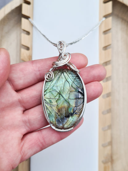 Carved Labradorite Pendant In Silver