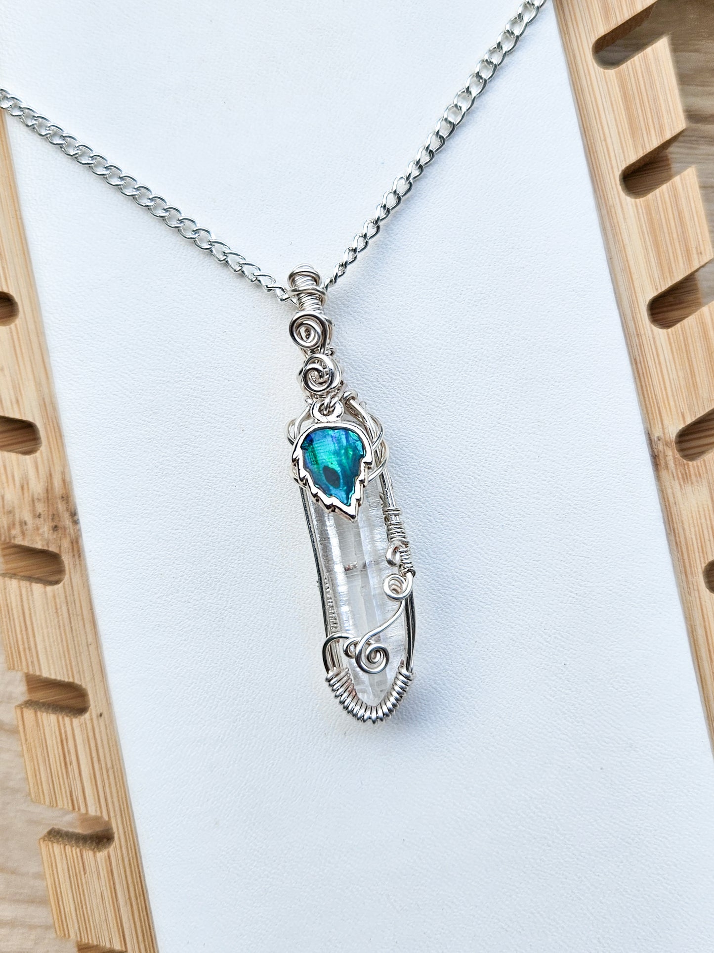 Quartz Point Pendant With Abalone Leaf Charm