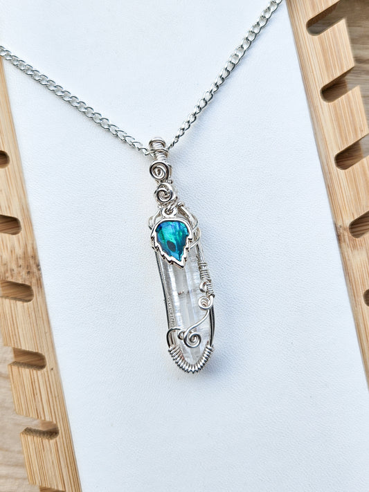 Quartz Point Pendant With Abalone Leaf Charm