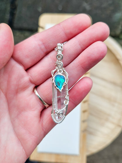 Quartz Point Pendant With Abalone Leaf Charm