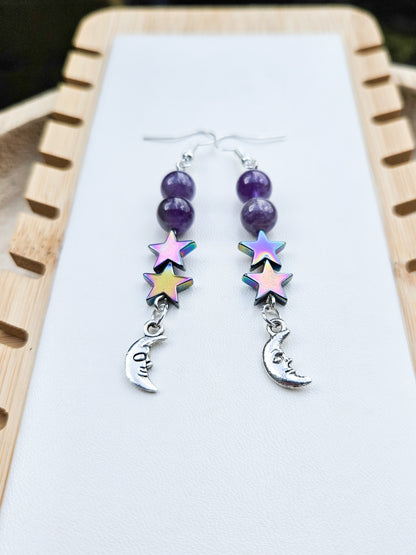 Amethyst Moon & Star Earrings