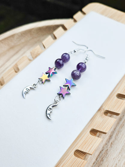 Amethyst Moon & Star Earrings