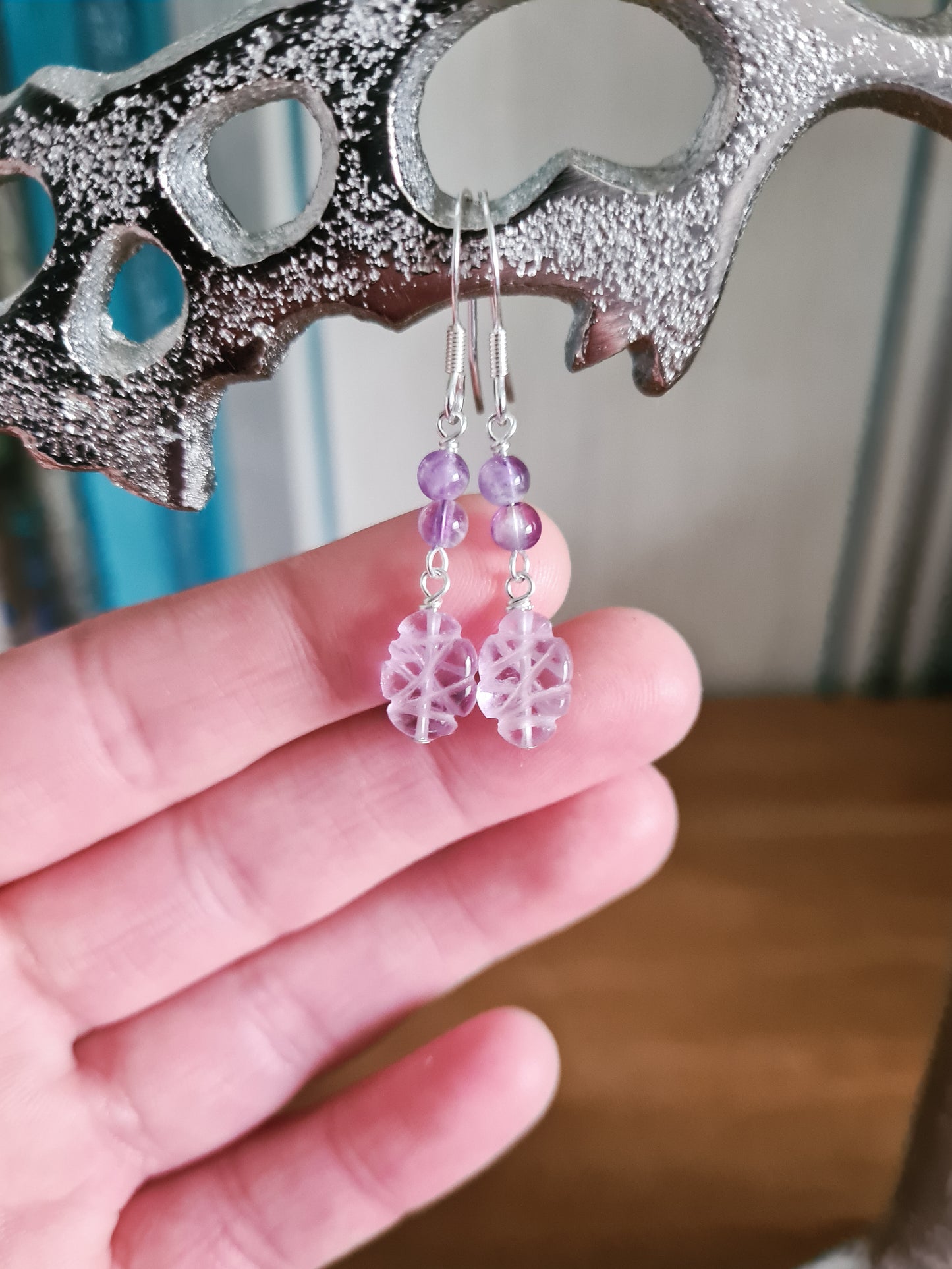 Sterling Carved Amethyst Earrings