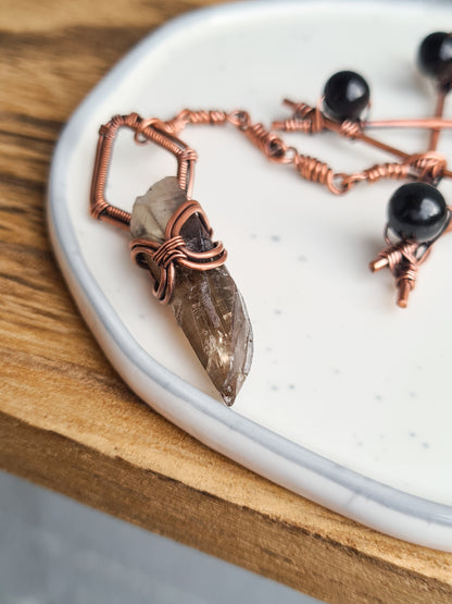 Sheen Obsidian & Smoky Quartz Pentagram Hanger