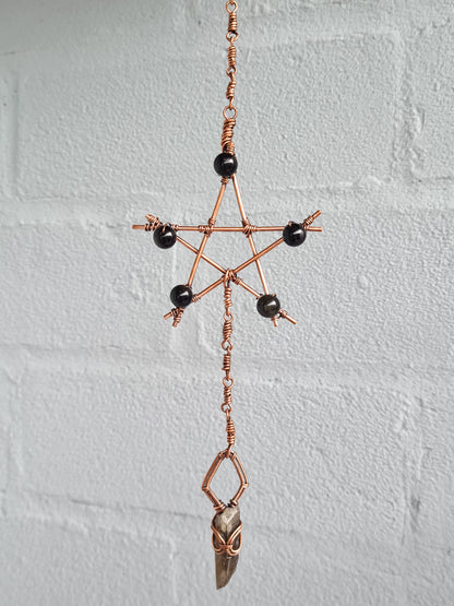 Sheen Obsidian & Smoky Quartz Pentagram Hanger