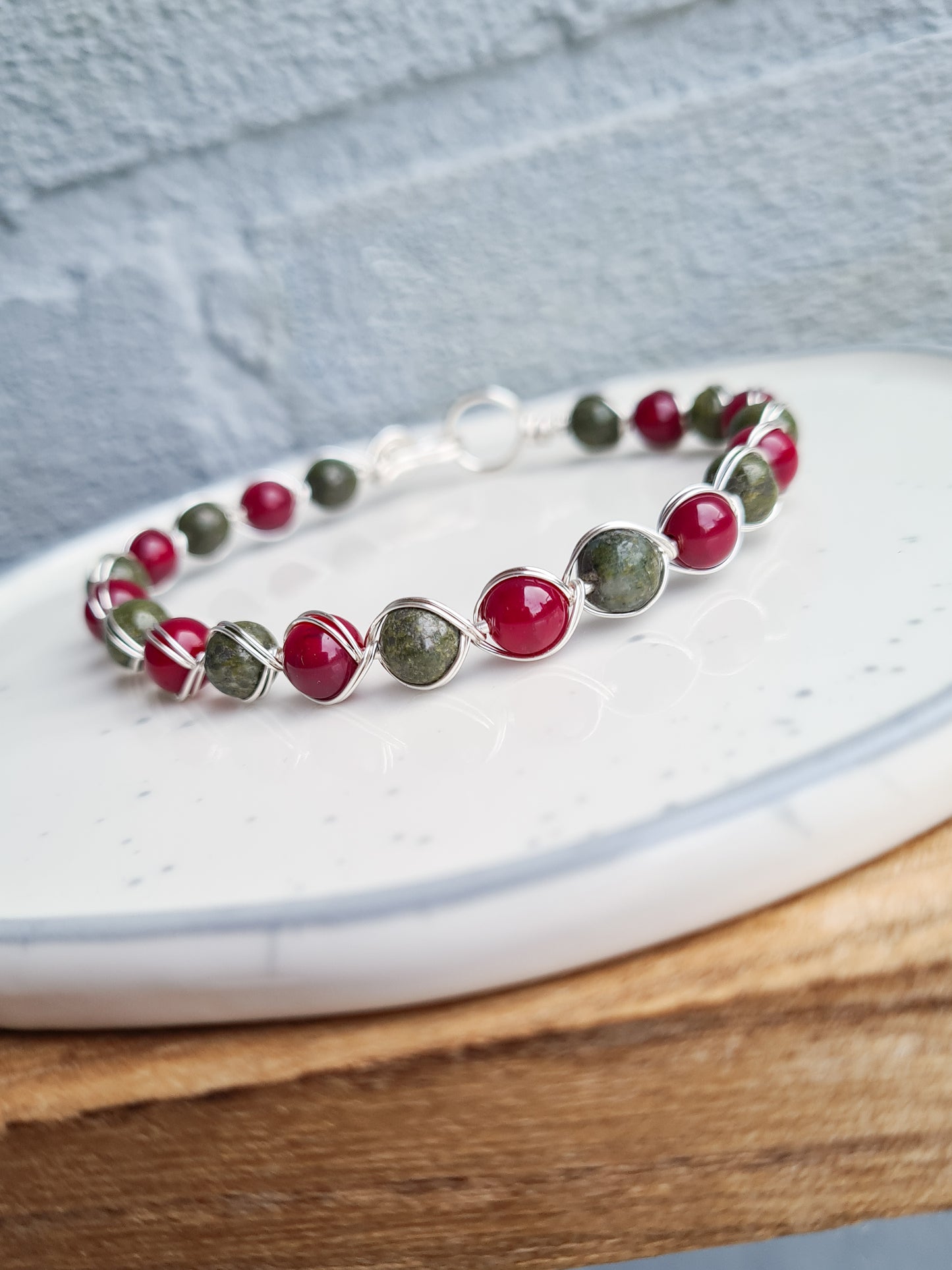 Red Fire Agate & Lizardite Wire Wrapped Bracelet