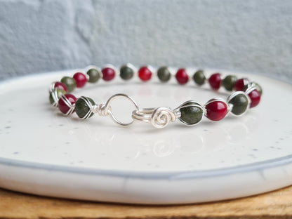 Red Fire Agate & Lizardite Wire Wrapped Bracelet