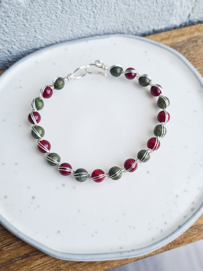 Red Fire Agate & Lizardite Wire Wrapped Bracelet