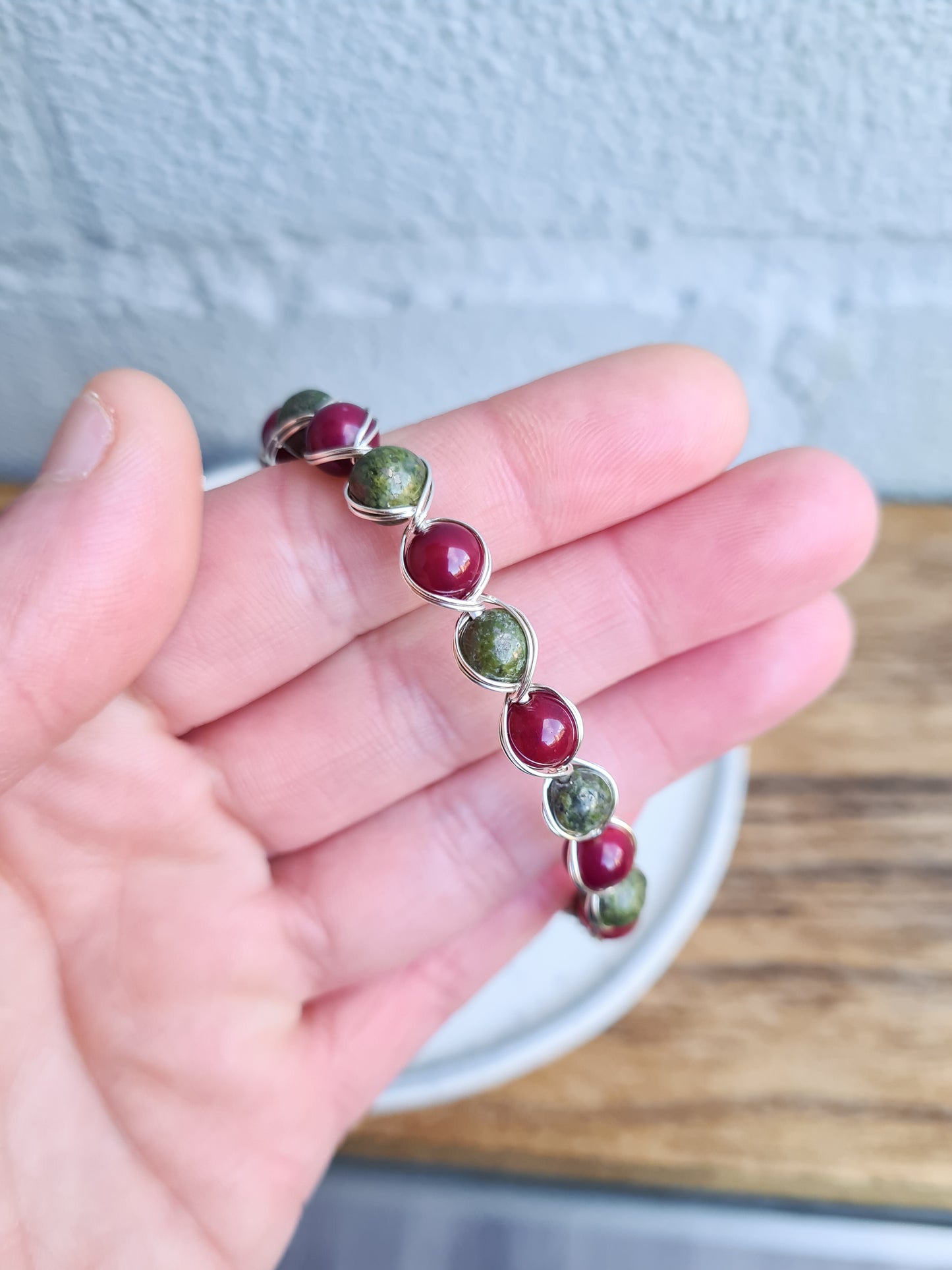 Red Fire Agate & Lizardite Wire Wrapped Bracelet