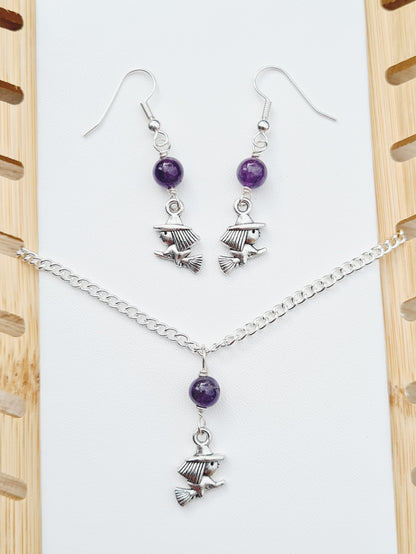 Mini Witch Charm Necklace & Earrings Set